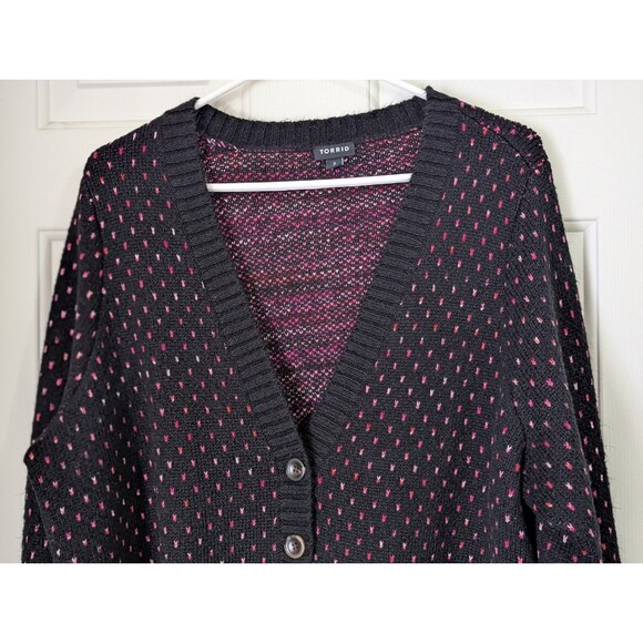Torrid V Neck Cardigan Sweater Womens 2X Black Pink Heart Button Down Tight Knit - Picture 2 of 9